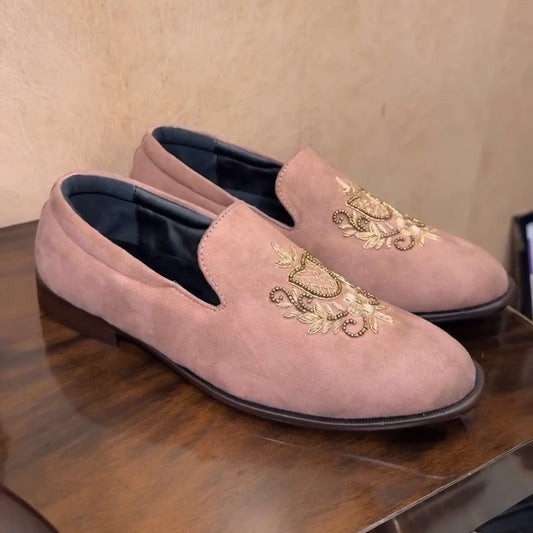 Baby Pink Suede Embroidered Wood Sole Slip-ons