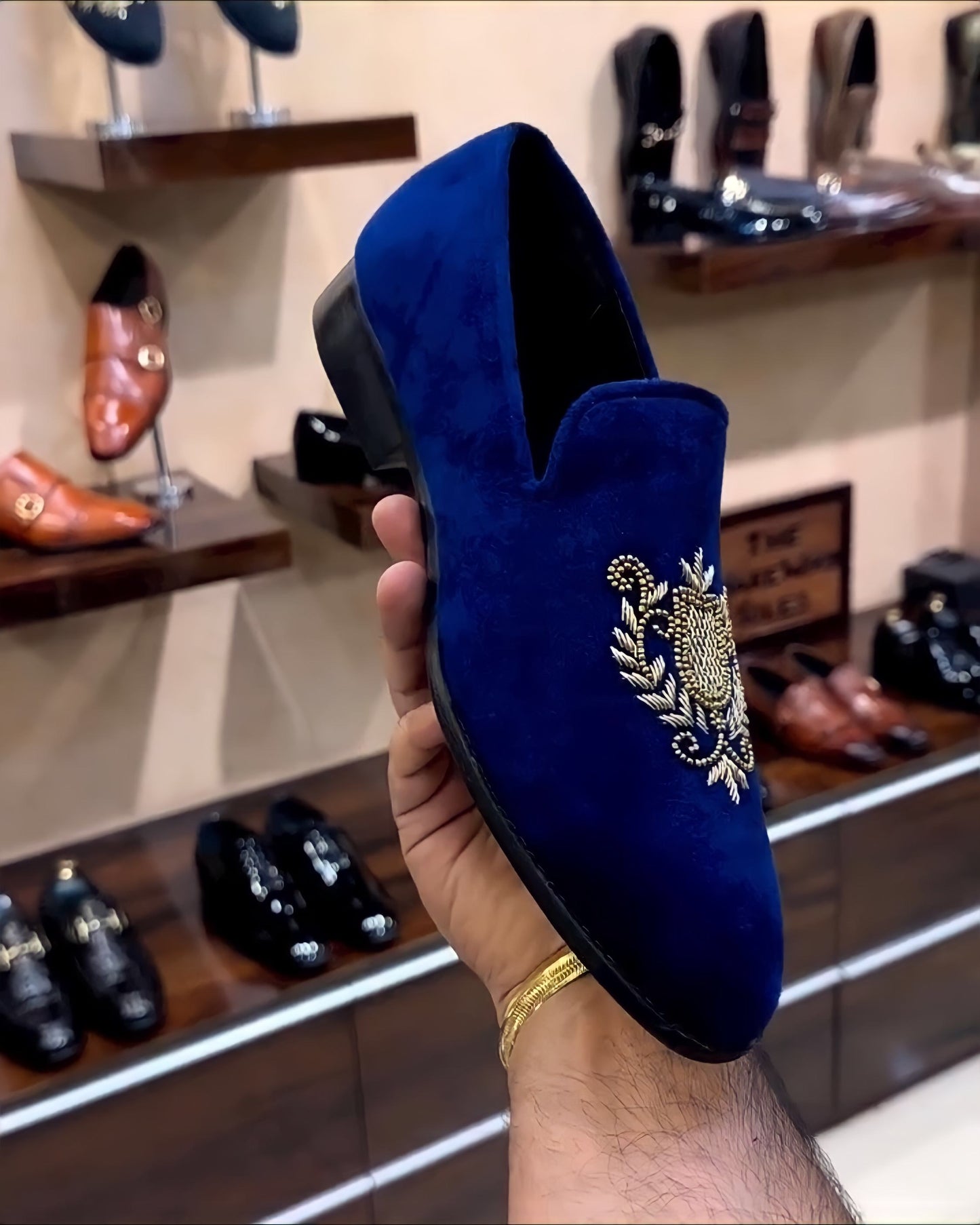 Blue Suede Embroidered Slip-ons