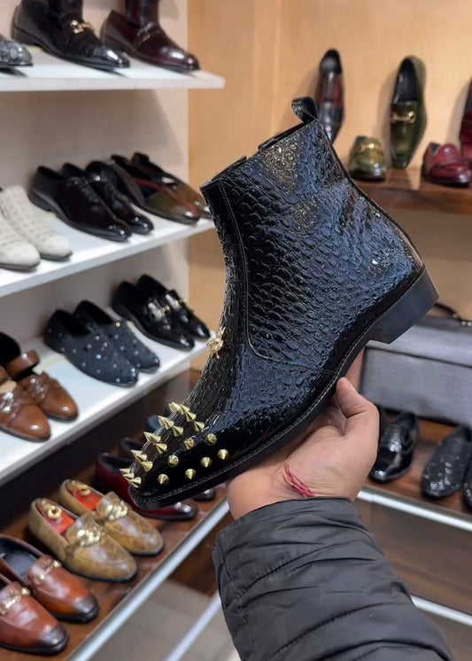 Baby Crocodile Leather Studded Zip Boots