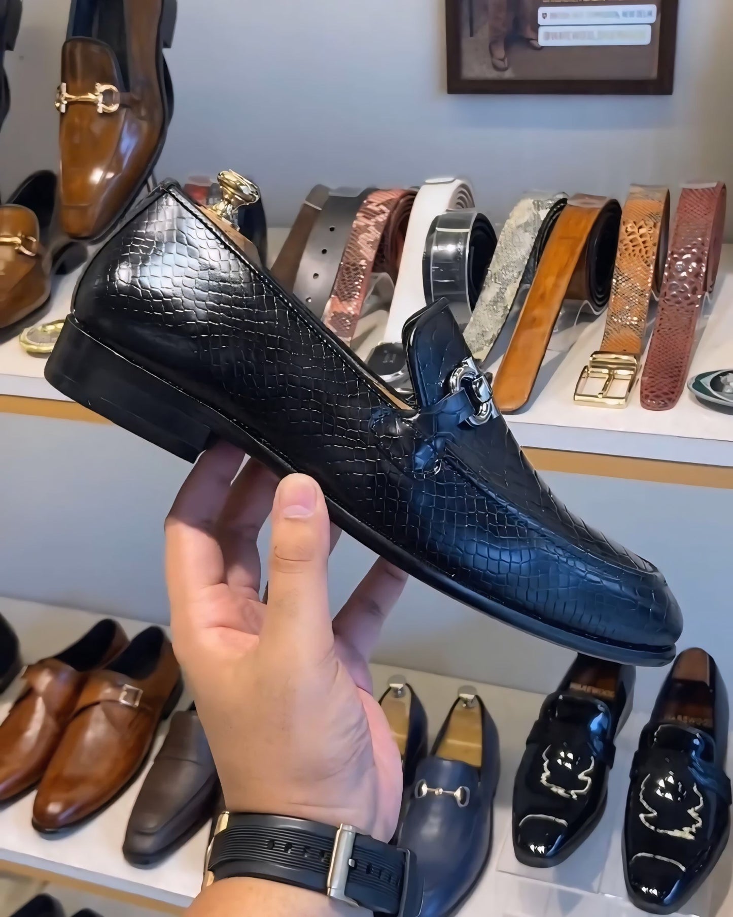 Charcoal Black Cobra Scaled Loafers