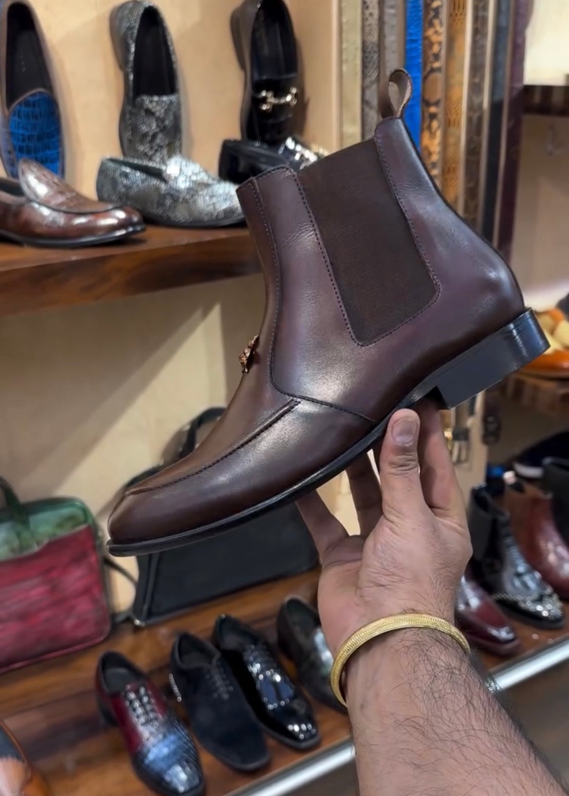 Walnut Brown Calf Skin Leather Chelsea Boots with Bee