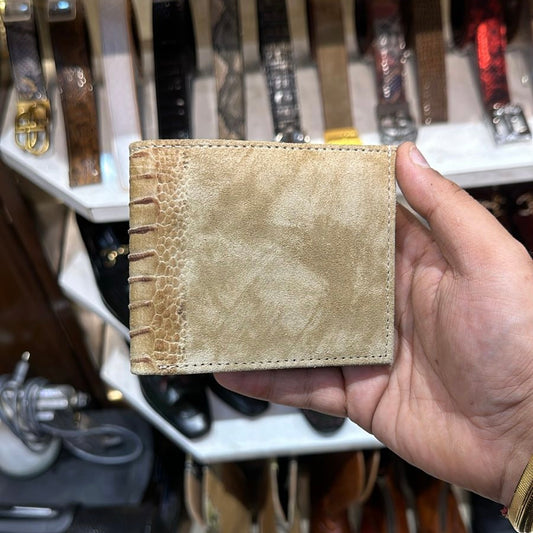 Beige Suede & Ostrich Leg Scaled Wallet