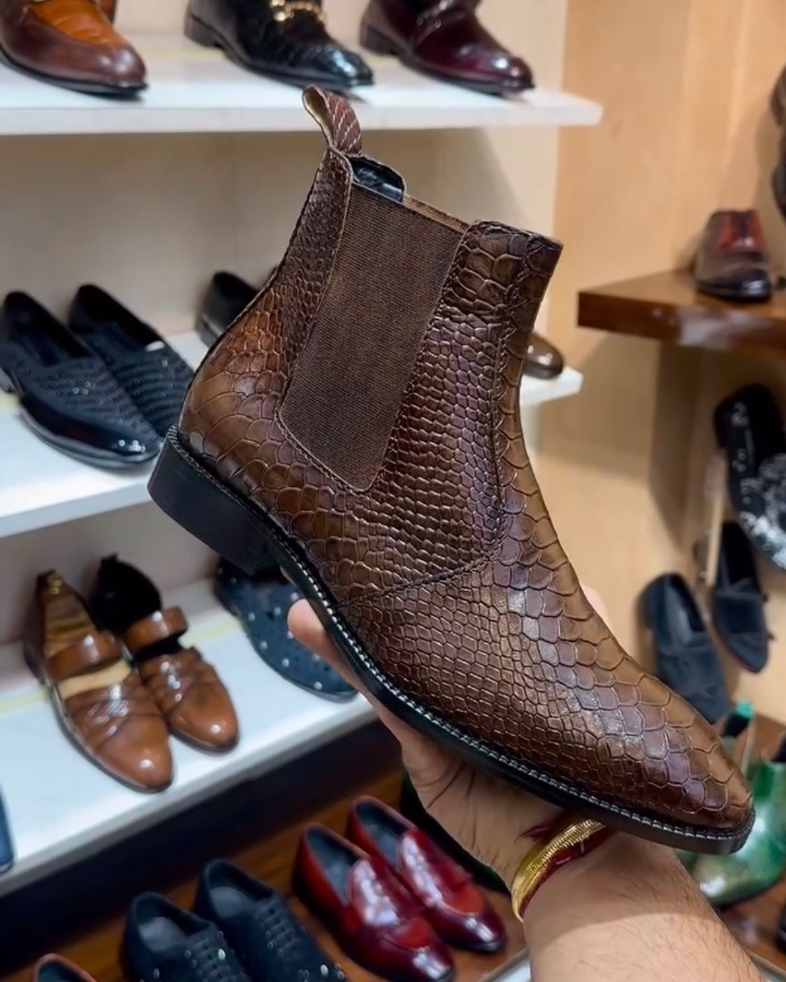 Brown Cobra Scaled Chelsea Boots