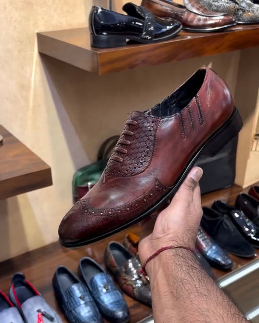 Cognac Cobra Scaled Semi-brogue Round Toe Oxfords