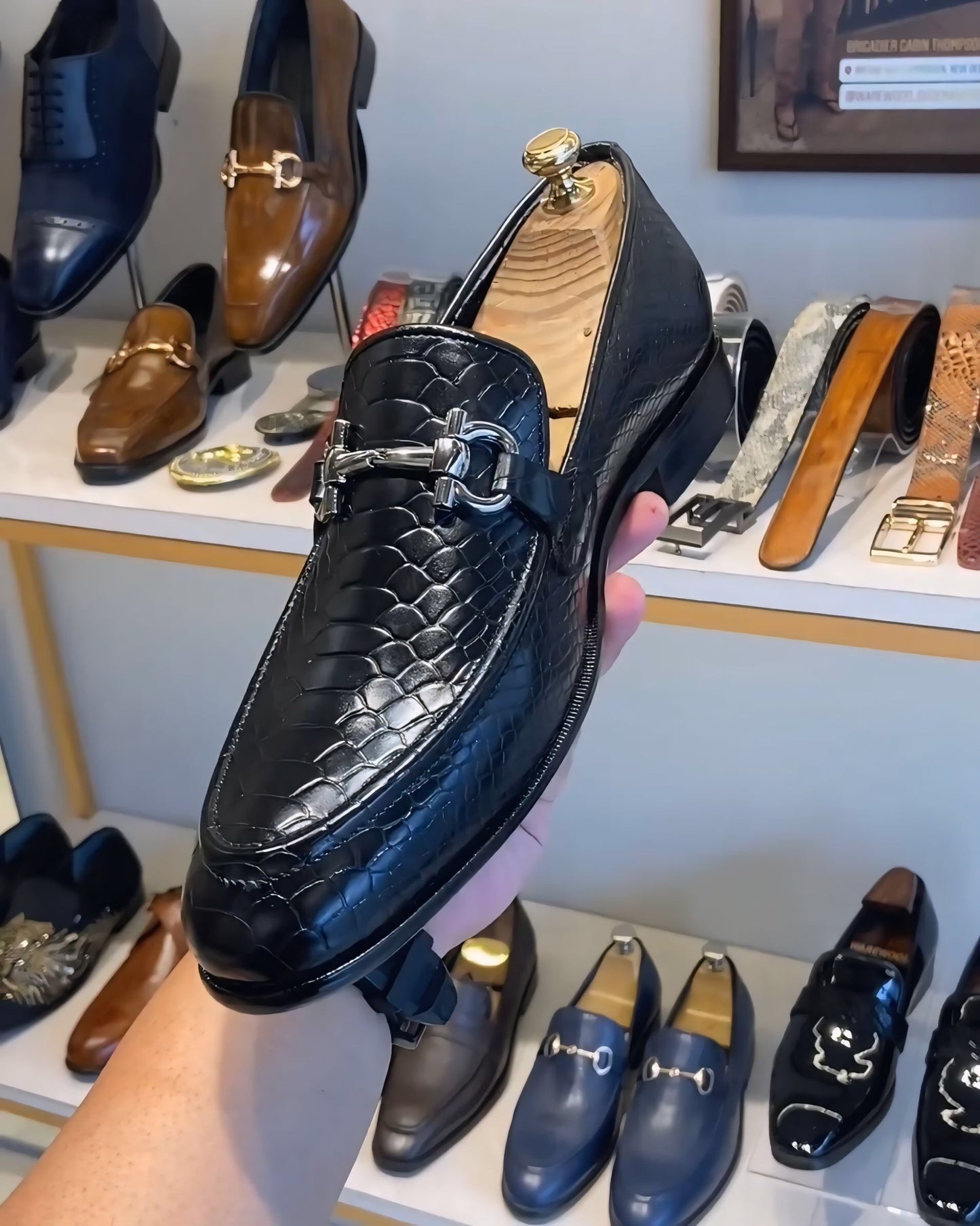 Charcoal Black Cobra Scaled Loafers