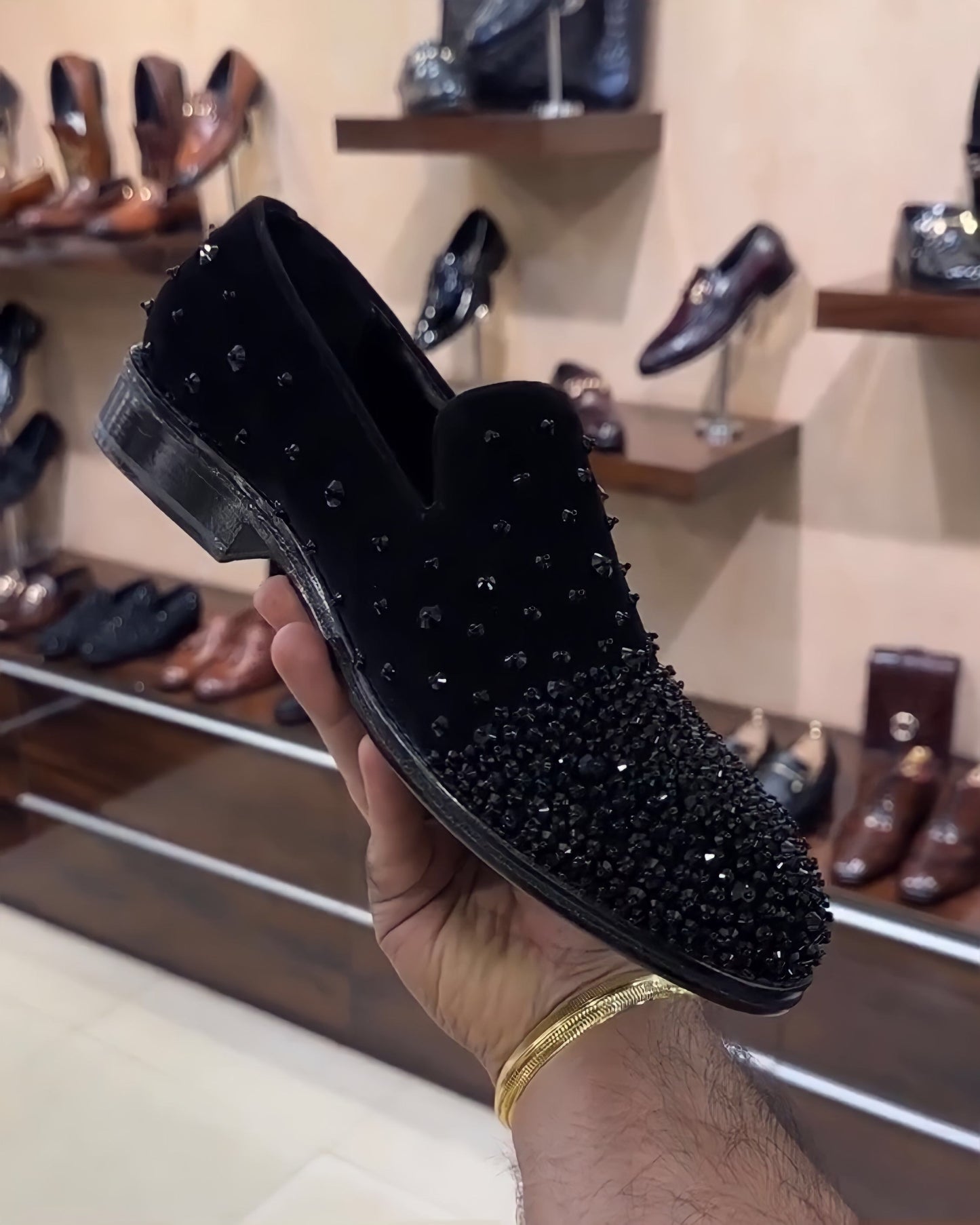 Charcoal Black Suede Diamond Studded Moccasins