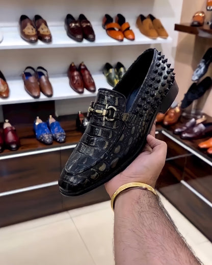 Alligator Leather Scaled Studded Moccasins