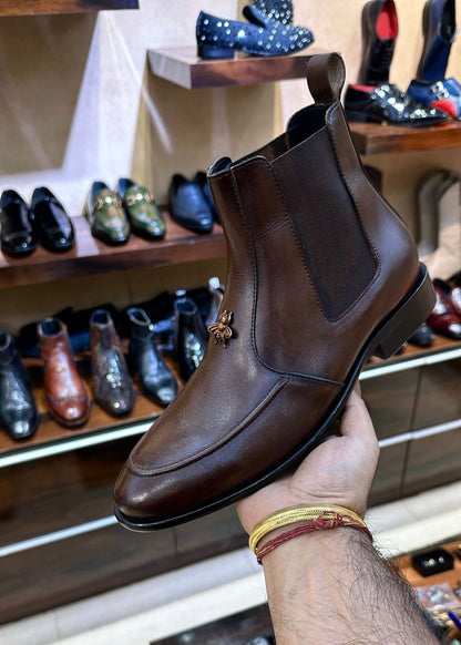 Walnut Brown Calf Skin Leather Chelsea Boots with Bee