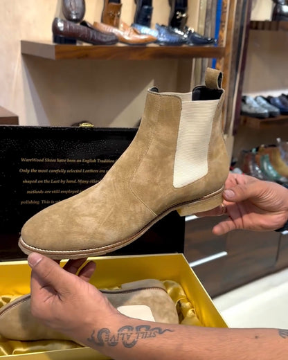 Natural Brushed Italian Beige Suede Chelsea Boots with Wood Sole