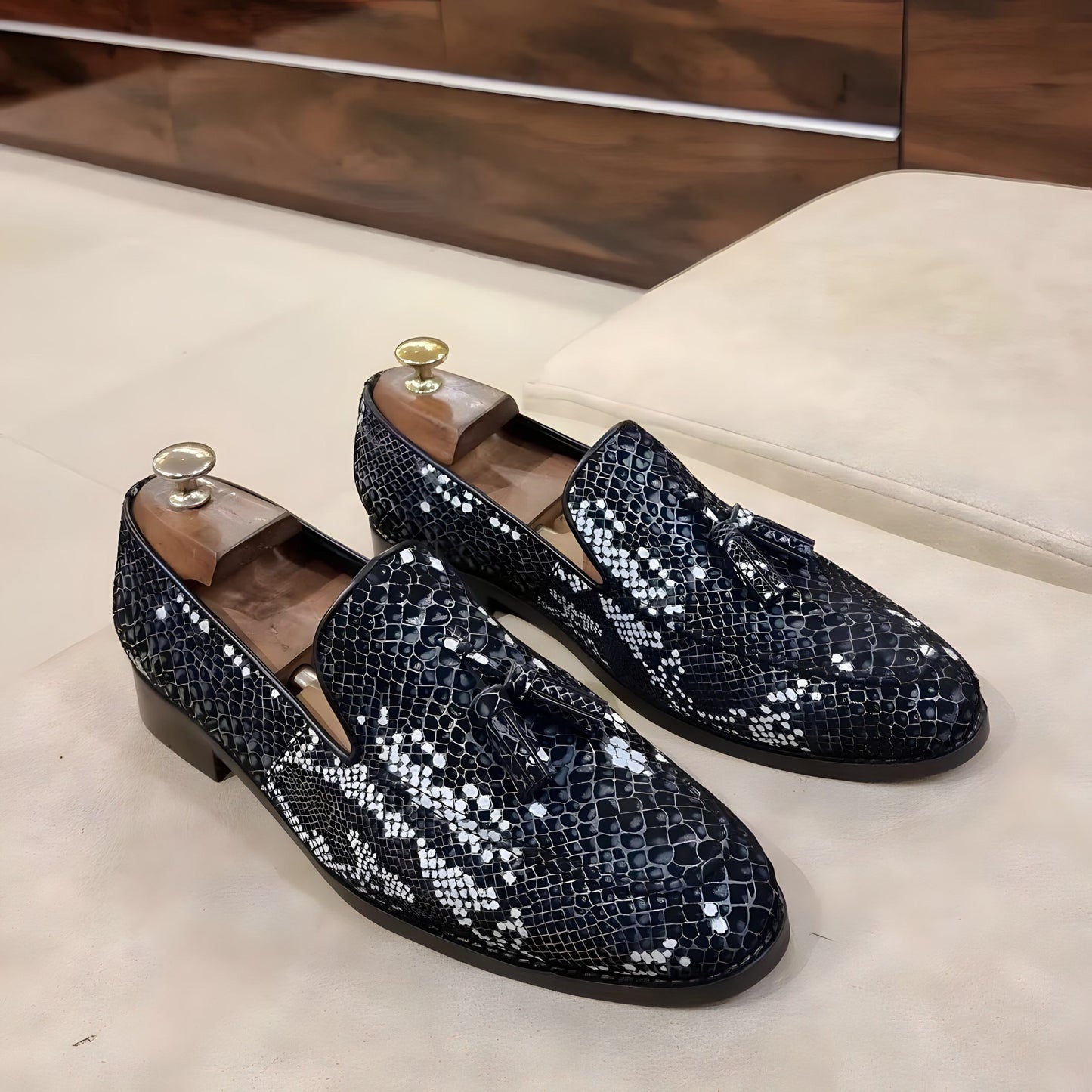 Exotic Charcoal Grey Python Scaled Tassel Loafers