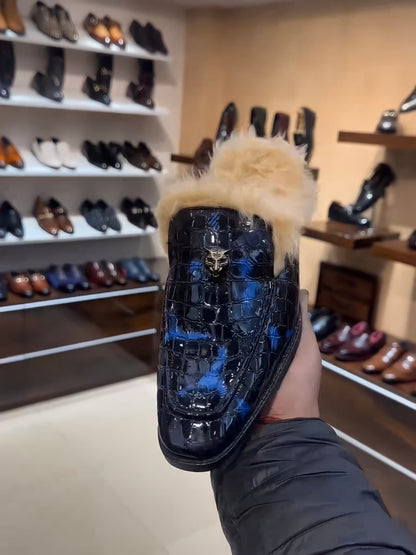 Black-blue Croco Patent Fur Mules