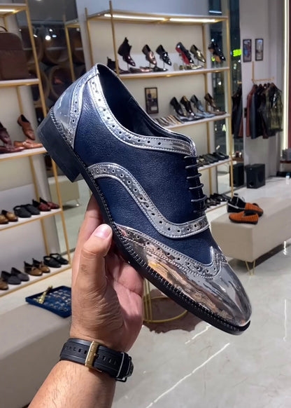 Metallic Silver & Blue Moroccan Leather Semi-brogue Oxfords