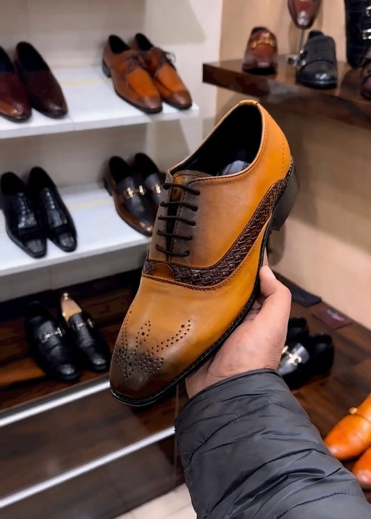 Tan Patina Semi-brogue Braided Oxfords