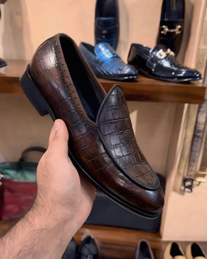 Tobacco Brown Croco Belgian Loafers