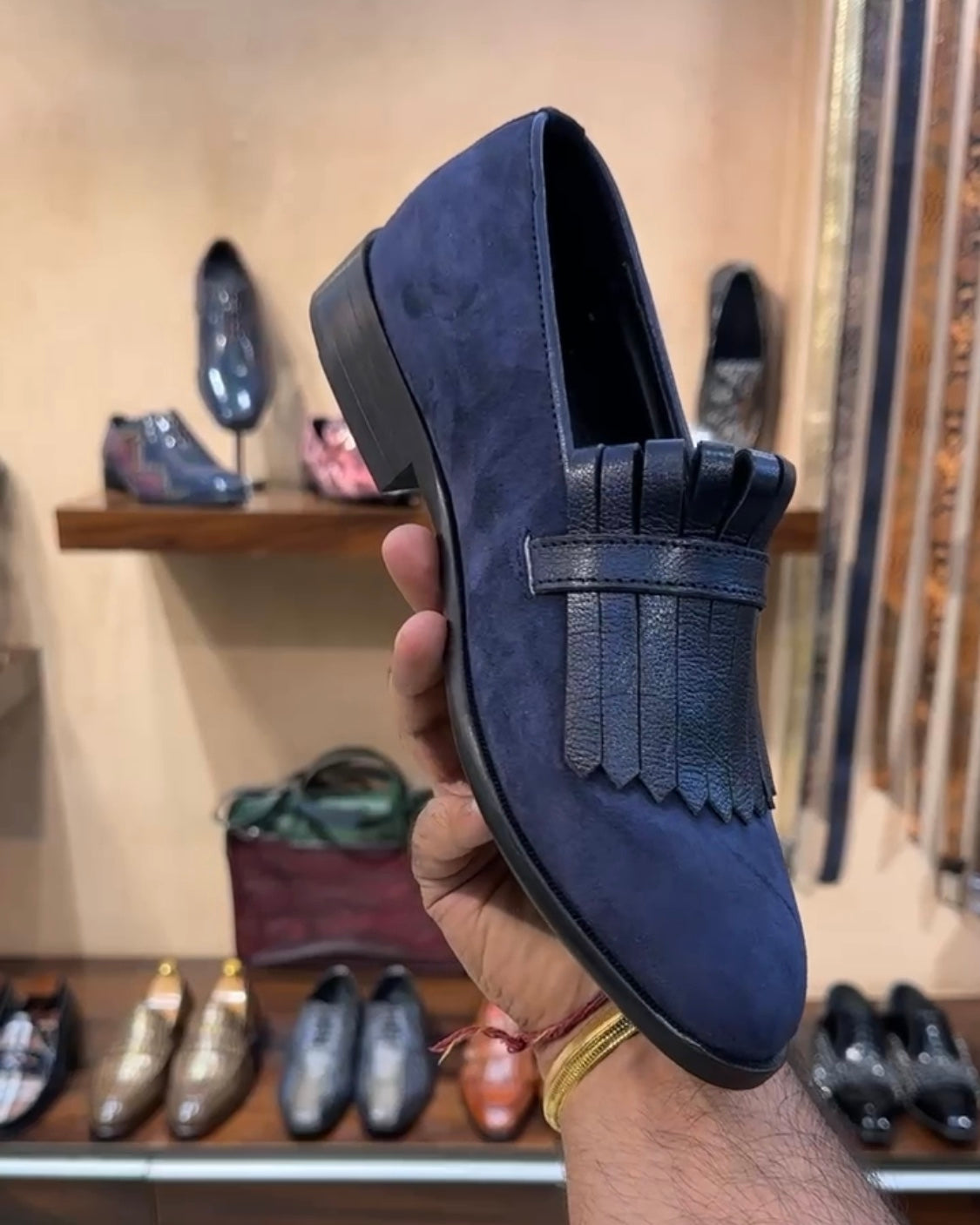 Pure Italian Navy Blue Suede Fringe Moccasins