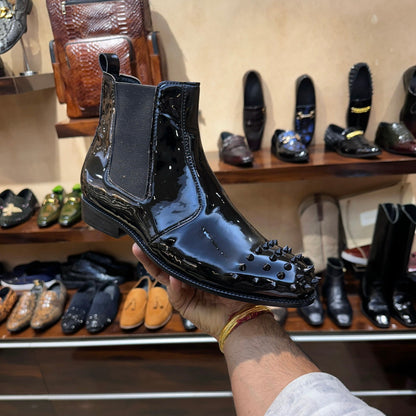 Patent Studded Toe Red Bottom Chelsea Boots