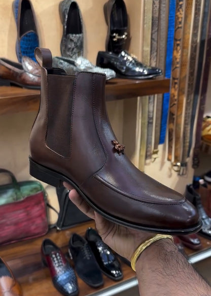 Walnut Brown Calf Skin Leather Chelsea Boots with Bee