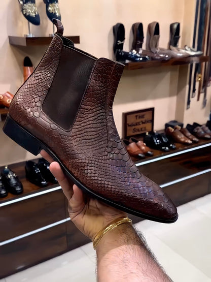 Brown Cobra Scaled Chelsea Boots